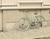 Green bicycle photo with a vintage touch - 5x7 fine art photography print - urban green beige natural bike photograph travel Sweden