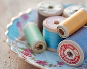 Vintage spools photograph - romantic fine art photography print - spools, vintage, blue, yellow, aqua, home decor