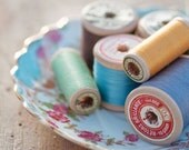 Still life photograph - Retors brillante - romantic fine art photography print - spools, vintage, blue, yellow, aqua, home decor