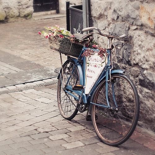 Blue bike photograph - fine art photography print - bicycle flowers travel photo Ireland Galway dreamy romantic