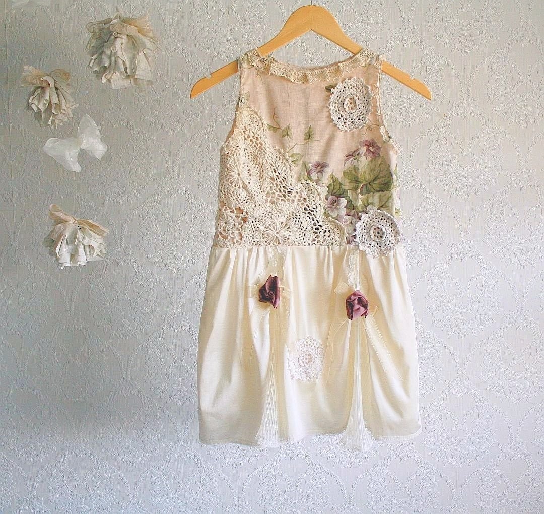 Shabby Chic Slip Dress Girl's 7 8 Peach Cream Lace Floral Country Doilies 'PHOEBE'