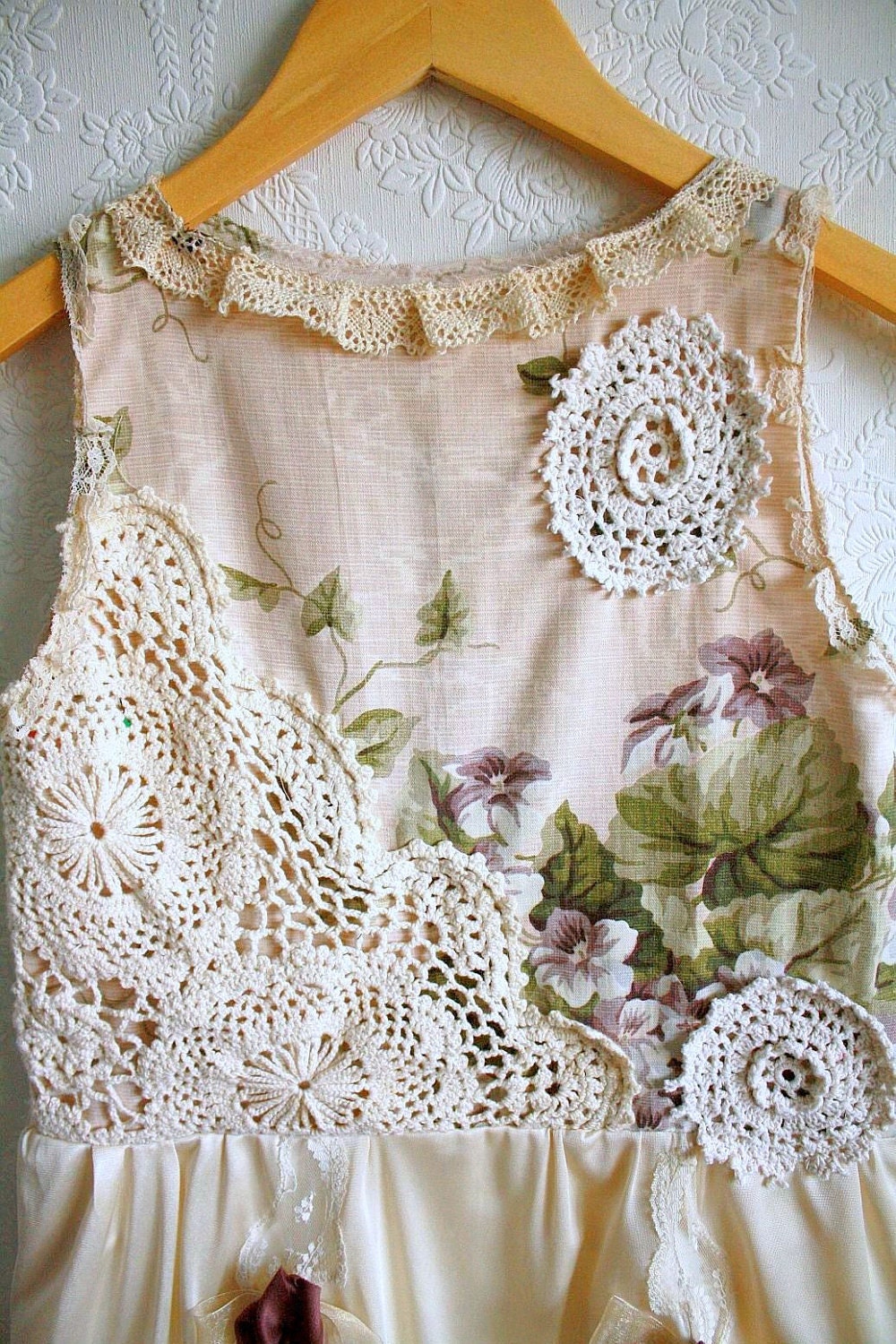 Shabby Chic Slip Dress Girl's 7 8 Peach Cream Lace Floral Country Doilies 'PHOEBE'