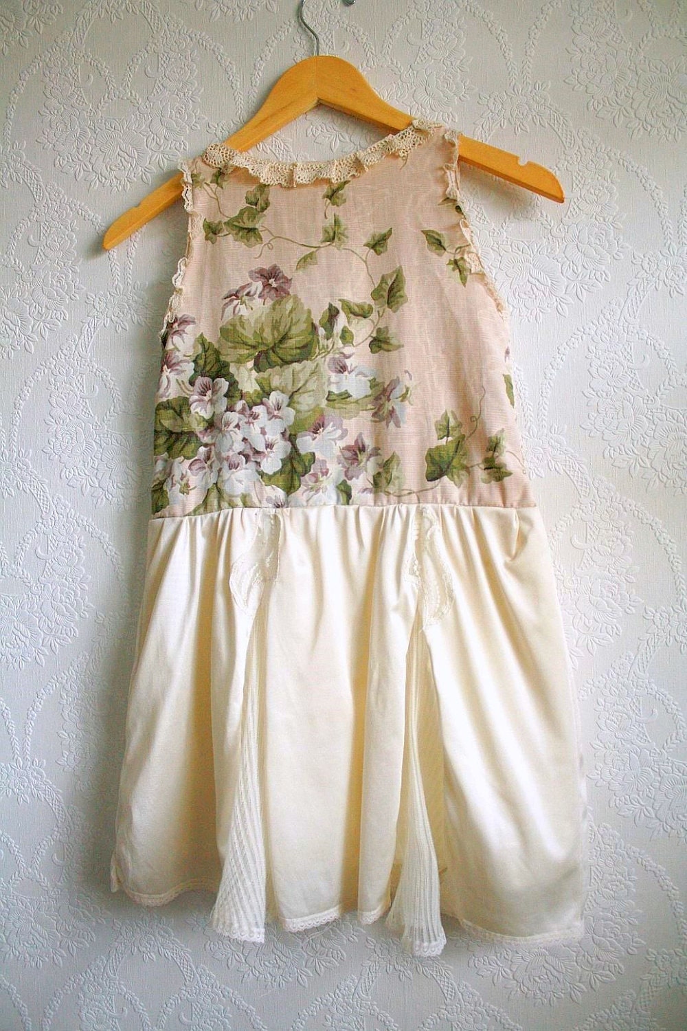 Shabby Chic Slip Dress Girl's 7 8 Peach Cream Lace Floral Country Doilies 'PHOEBE'