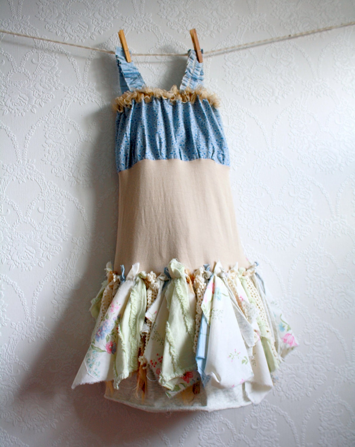 Children's Clothing Shabby Chic Dress 6 7 Blue Upcycled Fairy Clothes Tattered Lace Eco Friendly 'EMILIE'