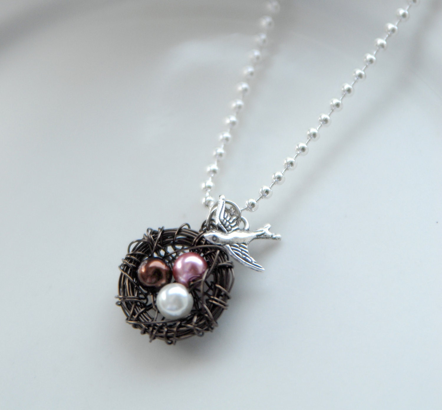Personalized Mama Bird Wire Nest Necklace in Bronze