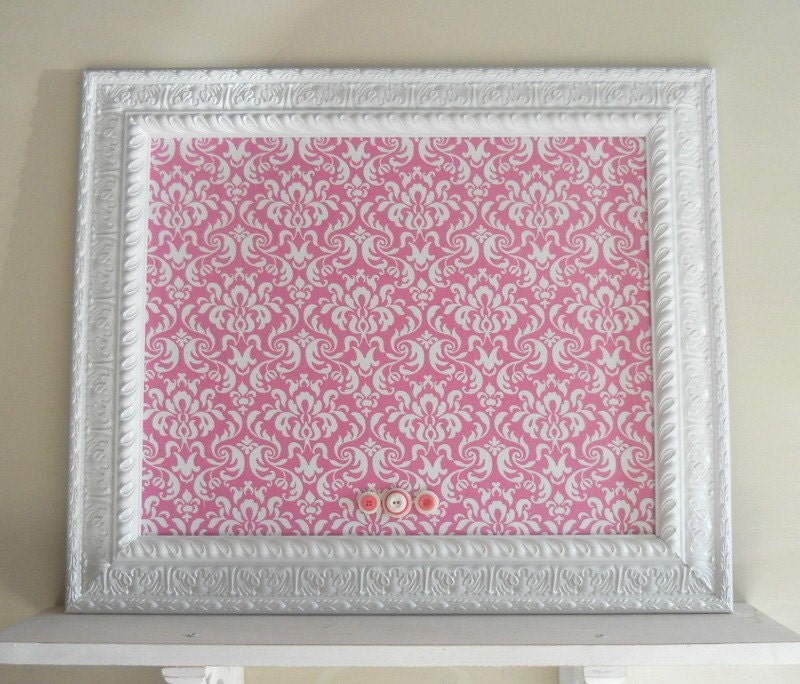 BULLETIN BOARD Magnet Board Girls Room Decor Magnetic Board Memory Board Pink White Damask Nursery Wall Decor Vintage Style