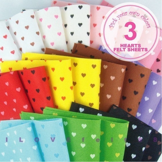 3 Printed Hearts Felt Fabric - Pick your own colors
