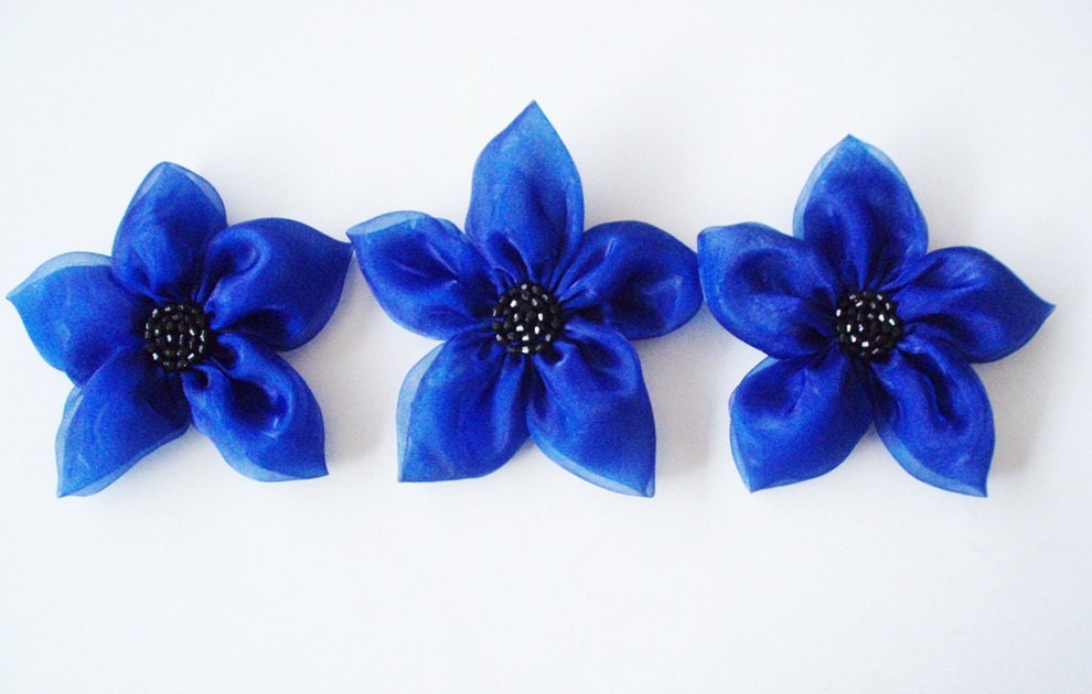 Cobalt Blue Flowers Handmade Appliques Embellishments(3 pcs)