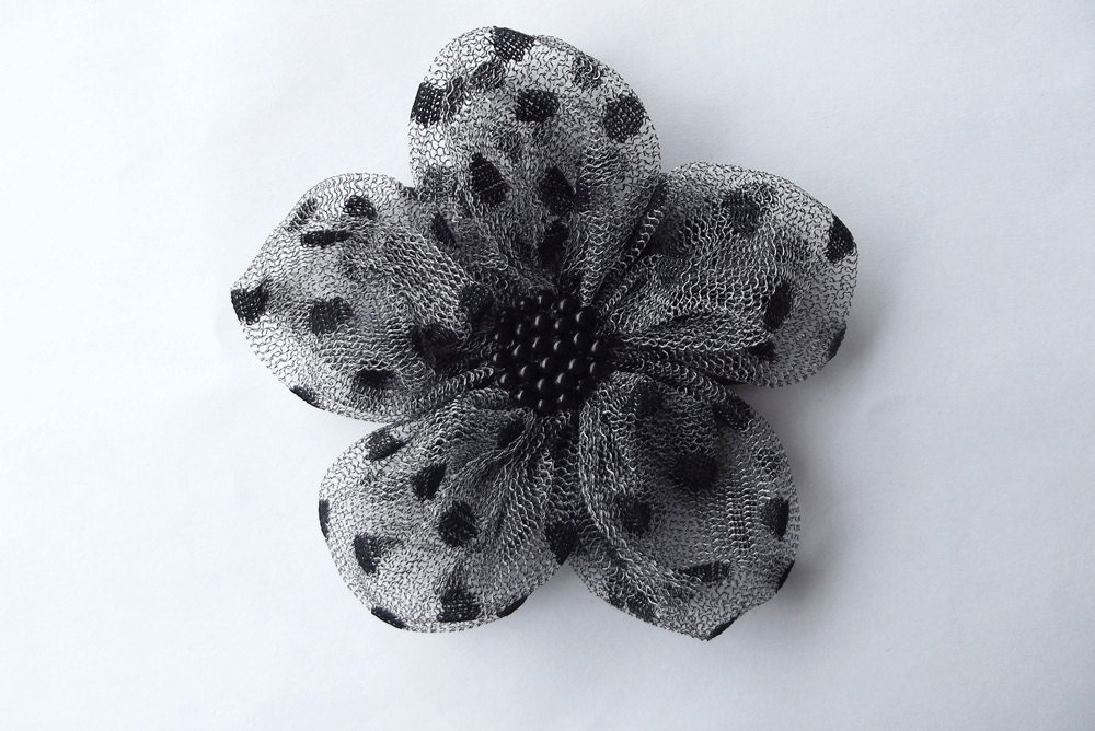 Grey Tulle with Black Dots Flowers Handmade Appliques Embellishments(3 pcs)