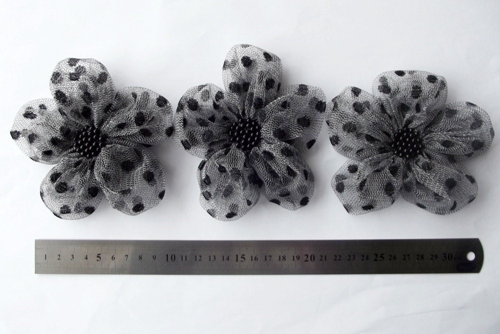 Grey Tulle with Black Dots Flowers Handmade Appliques Embellishments(3 pcs)
