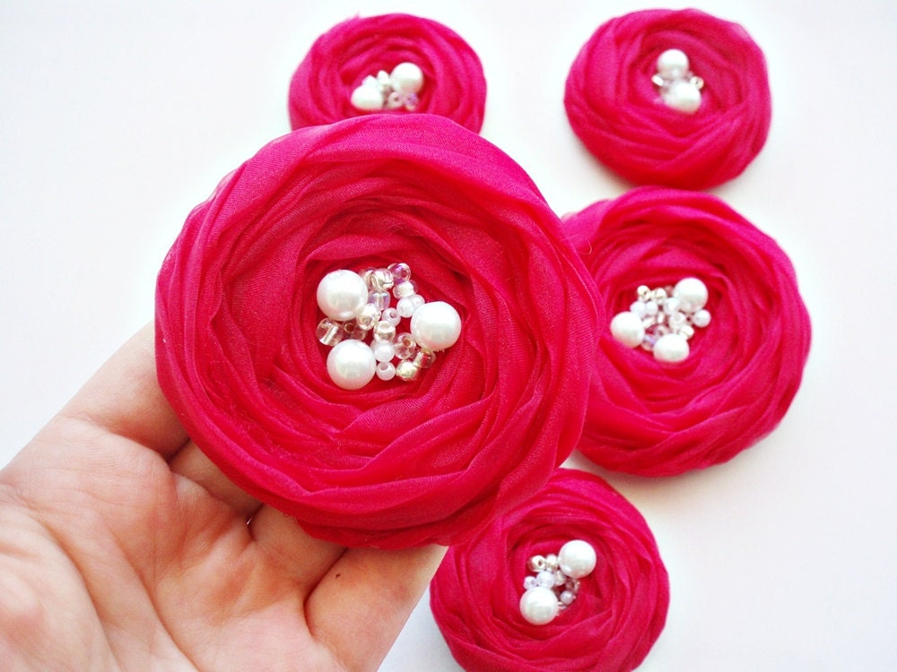 Cranberries Chiffon Roses Handmade Appliques Embellishments(5 pcs)