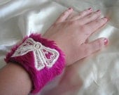 Sale---- 50% OFF-----Was 15 usd NOW only 7.50 usd Pink fun fur / felt VERONIKA girl cuff with white lace bow