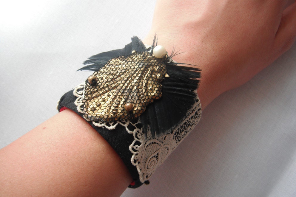Fancy CUFF with a Unique design- Vintage materials- BLACK, GOLDEN and red