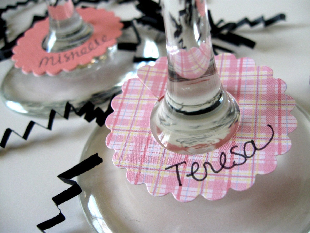 Slip On Wine Charms, Drink Glass Tags, Place Cards - Pink Plaid, Set of 15,  Additional Quantities Available