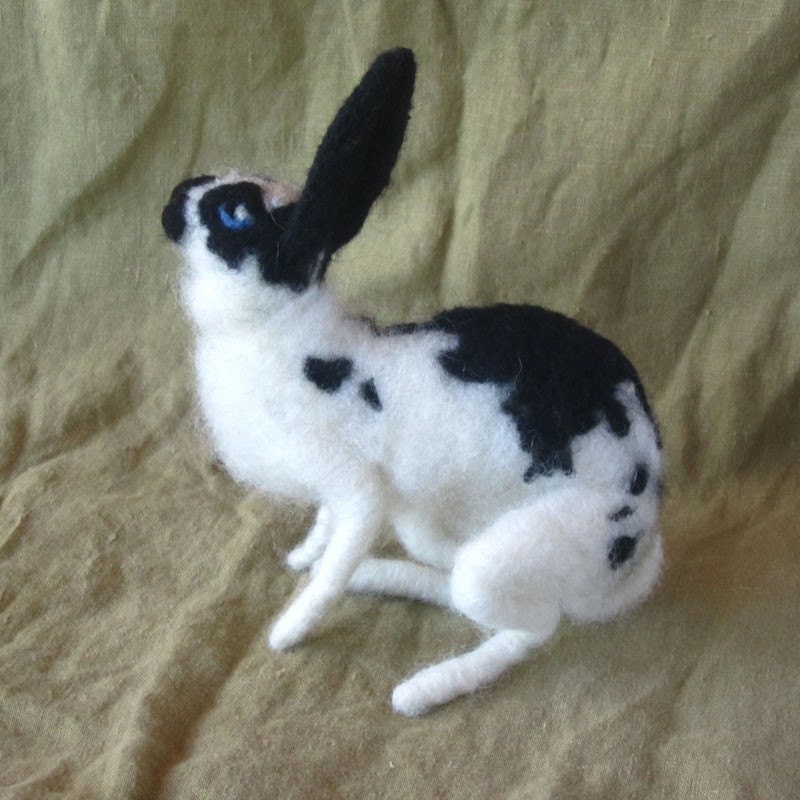 Needle felted rabbit with black spots, poseable pet