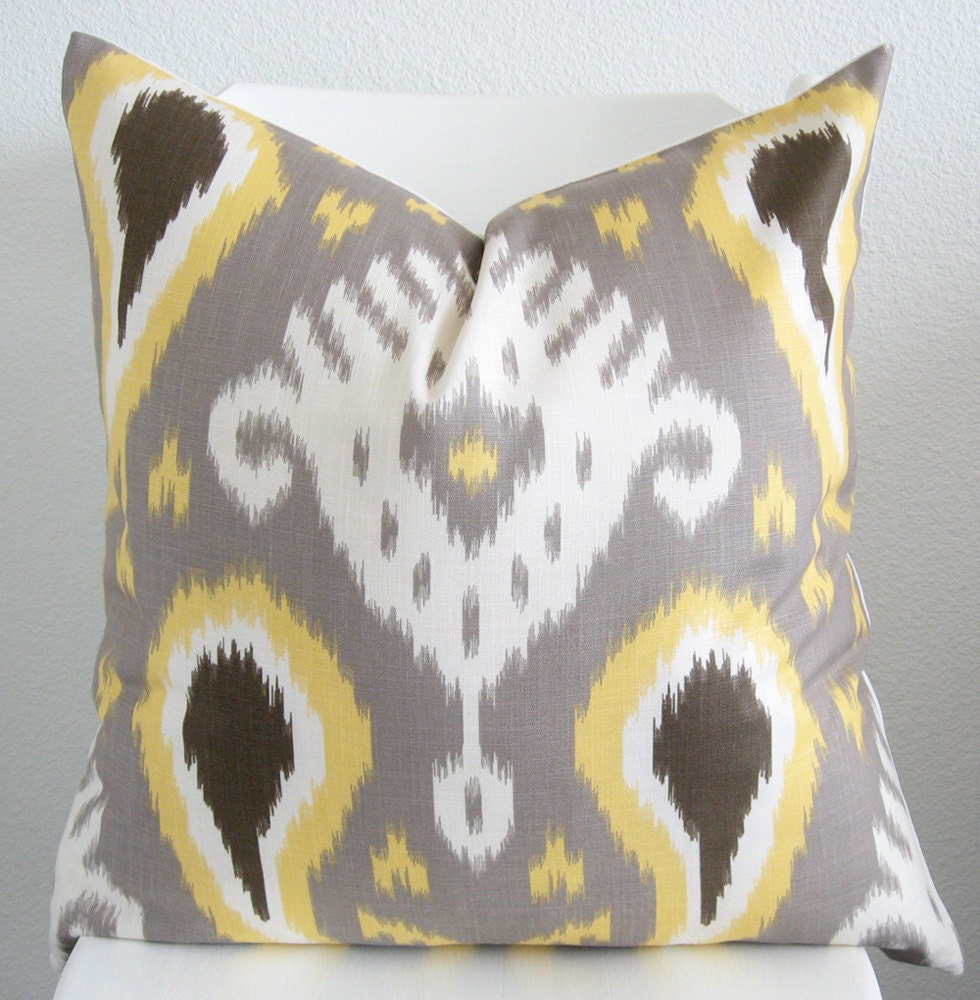 Decorative pillow cover - Throw pillow - Ikat pillow 24x24 - Batavia ikat - Gray - Yellow - Brown - White - Designer fabric