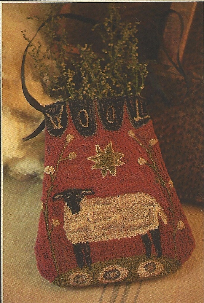 Primitive Folk Art Punchneedle Pattern:   WOOL POCKET -- Printed Weavers Cloth Included