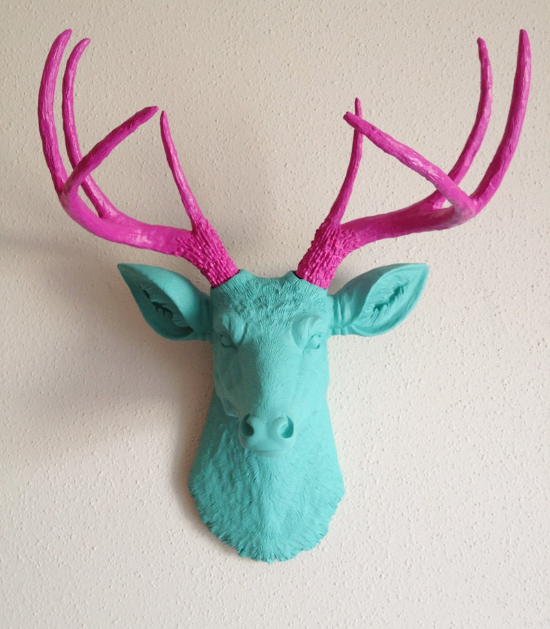 Teal & Pink Deer Head Wall Mount