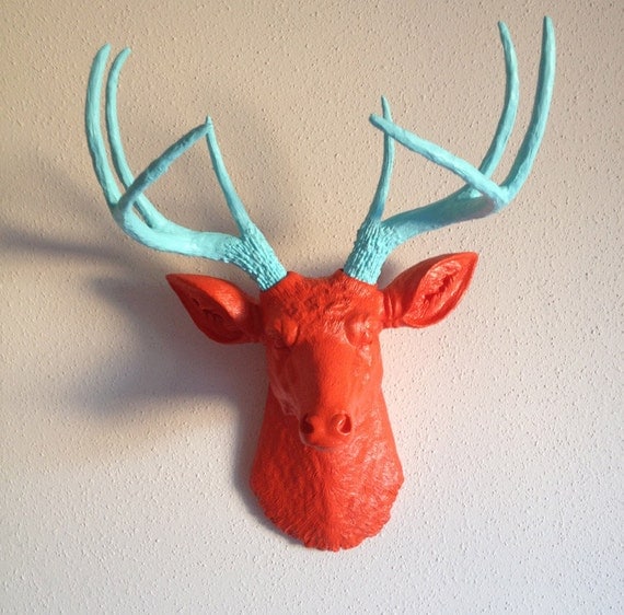 Orange & Robins Egg Blue Deer Head Wall Mount