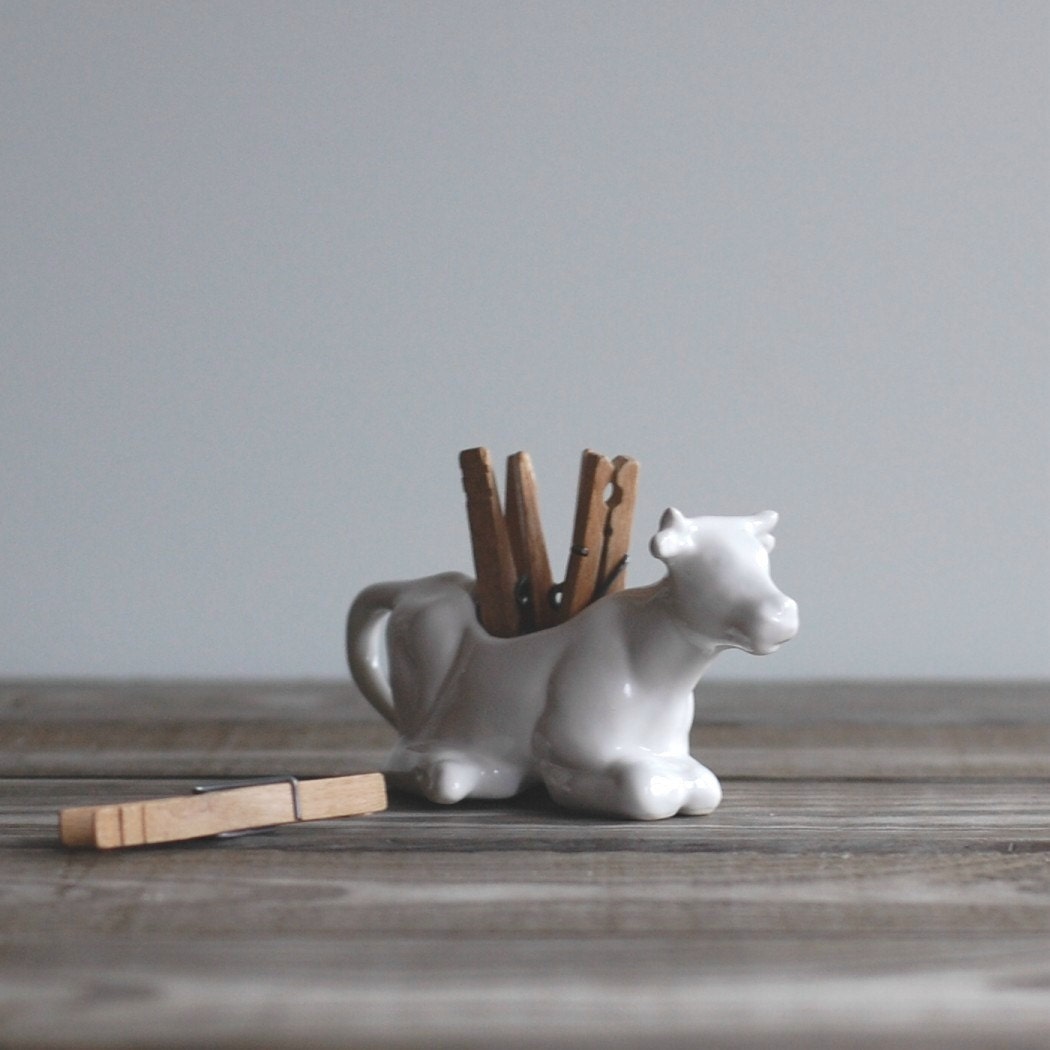 Vintage Small White Cow Planter