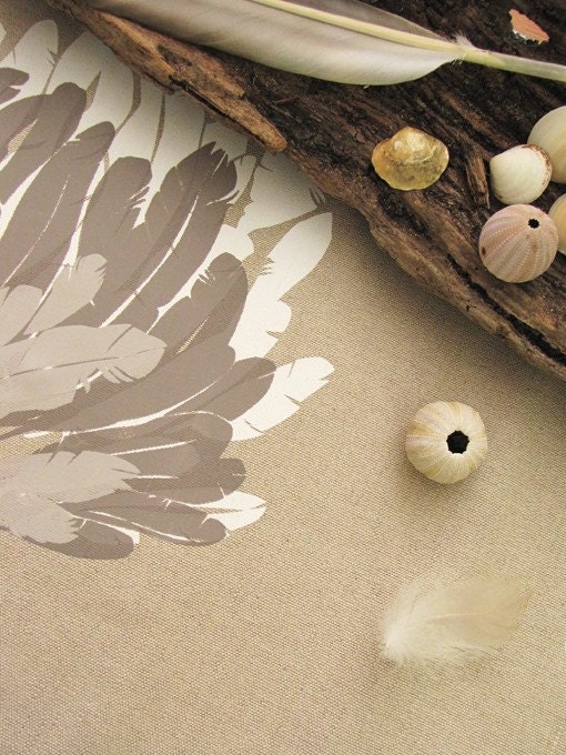 SALE Feather Table Runner 1.5m 59inch handprinted on Eco Friendly Linen - white taupe beige