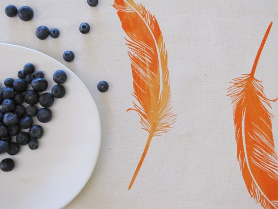 SALE Tangerine Table Runner Floaty Feathers 1.5m 59inch hand screen printed on Eco Friendly hemp organic cotton