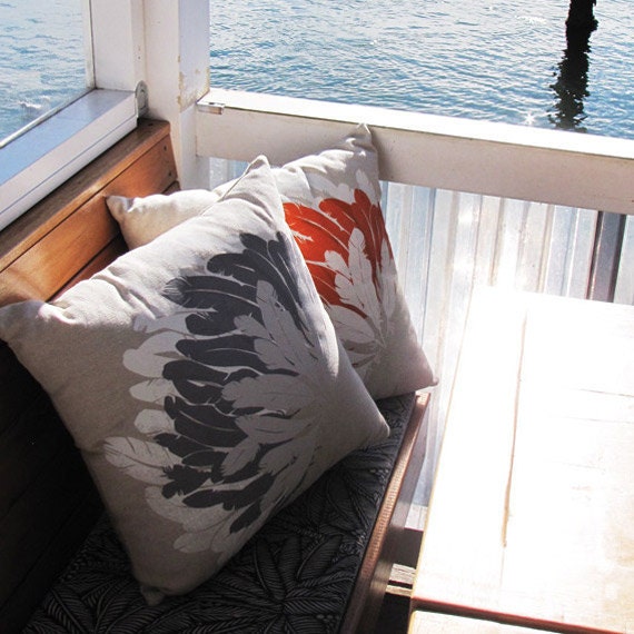 Feather Throw Cushion hand screen printed on Eco Friendly linen - taupe, dark taupe, white print