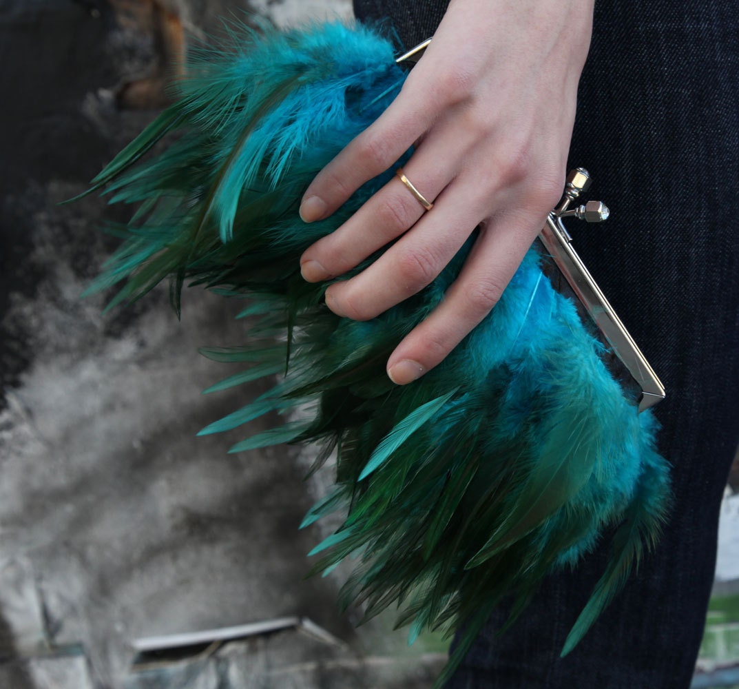 Teal Feather Clutch - Green and Blue with Jeweled Clasp - RedOstrich