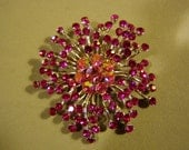 Vintage 1960s Silver Tone Bright Pink & Aurora Borealis Glass Rhinestone Flower Pin Brooch 3081