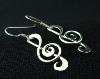 Handmade Sterling Silver Treble Clef Music Note Twisted Wire Earrings