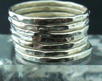 Sterling Silver Hammered 7 Band Stack Ring Set