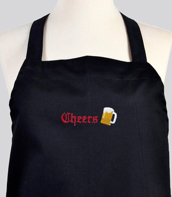 Mens Grilling Apron , Chef Bib Apron with Pockets Embroidered Cheers Optional Personalization Available