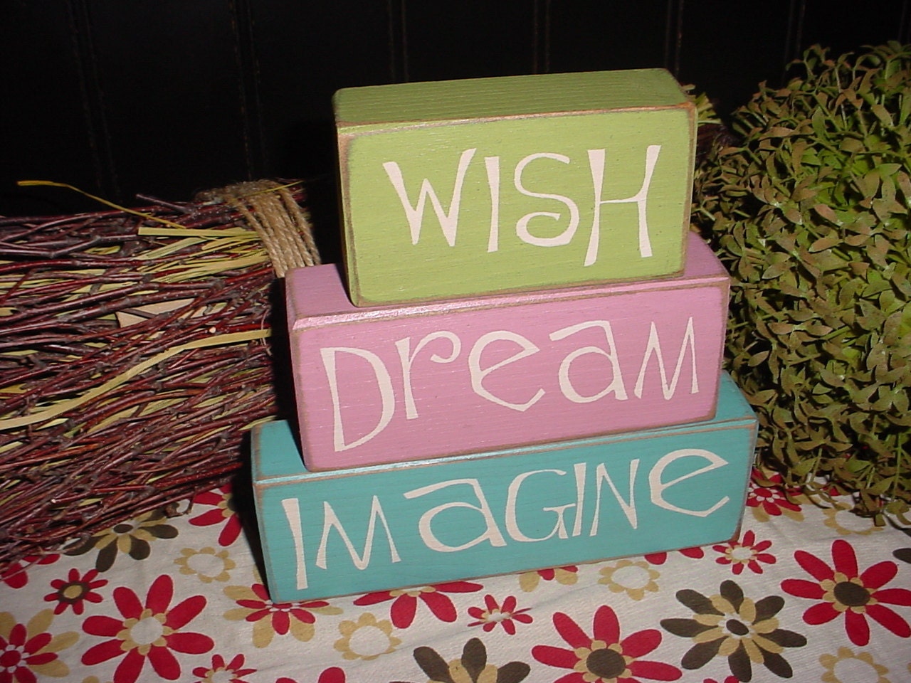Wish DREAM Believe IMAGINE Sing DANCE Giggle Girls Inspirational Words Wood Sign Shelf Blocks Primitive Country Rustic Home Decor Gift