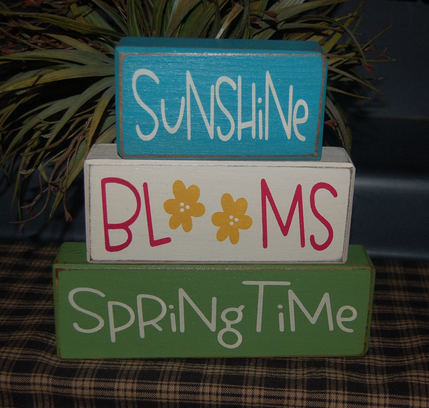 NEW Sunshine BLOOMS Springtime Easter Spring Holiday Seasonal Wood Sign Shelf Sitter Blocks Primitive Country Rustic Home Decor Gift