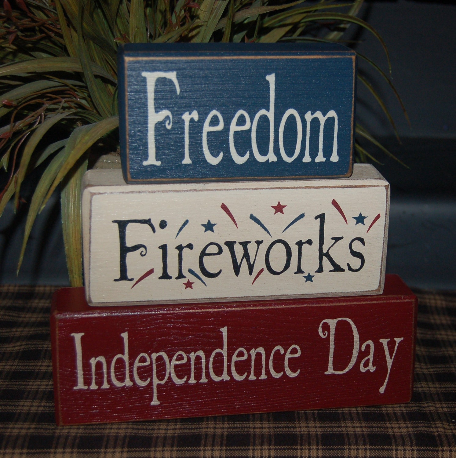 God Bless America Freedom Old Glory Stars & Stripes Americana Decor Summer Wood Sign Shelf Blocks Primitive Country Rustic Home Decor Gift