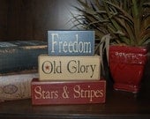 God Bless America Freedom Old Glory Stars & Stripes Americana Decor Summer Wood Sign Shelf Blocks Primitive Country Rustic Home Decor Gift