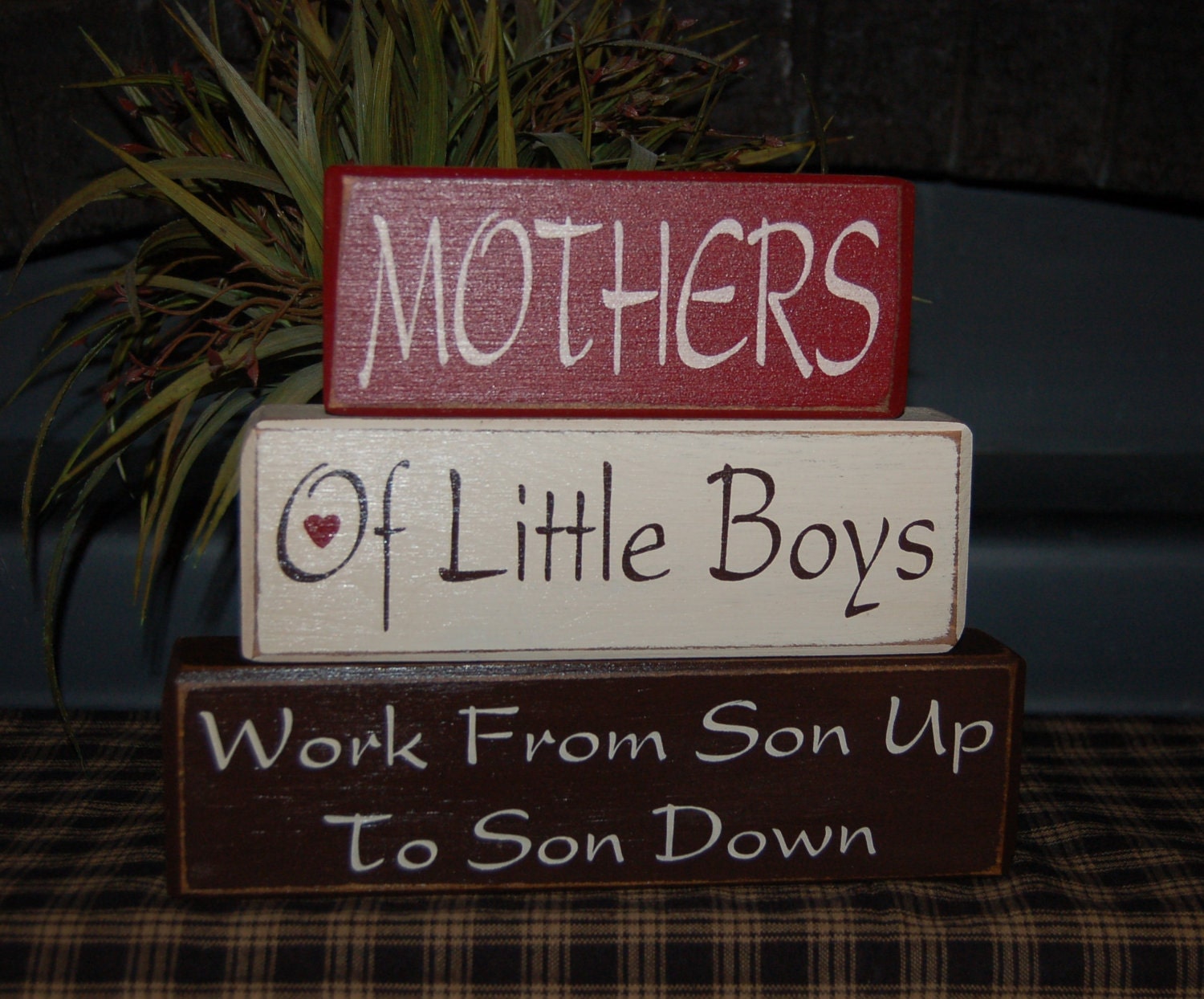 MOTHERS Of Little BOYS Work From SON Up To Son Down Wood Sign Shelf Blocks Primitive Country Rustic Home Decor