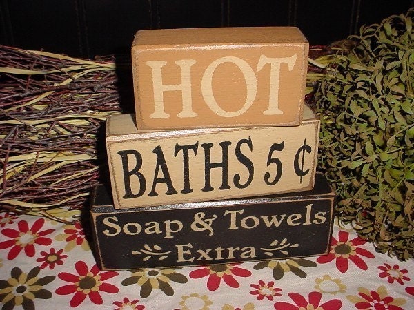 HOT BATHS 5 cents Soap and Towels Extra Wood Sign Shelf Blocks Primitive Country Rustic Home Decor Gift