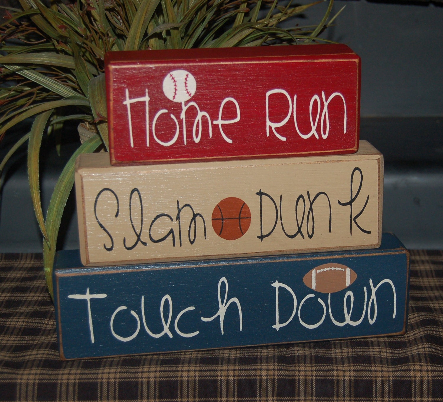 Primitive SPORTS Wood Sign Blocks Homes Run Slam Dunck Touch Down Baseball Football Basketball Distressed Word Stacking Blocks