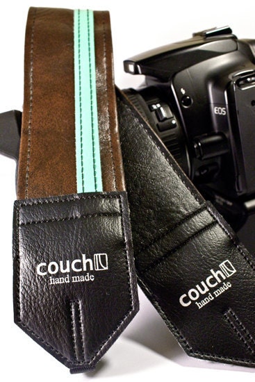 Brown and Aqua Racer X camera strap - Upcycled guitar straps - eco vegan friendly