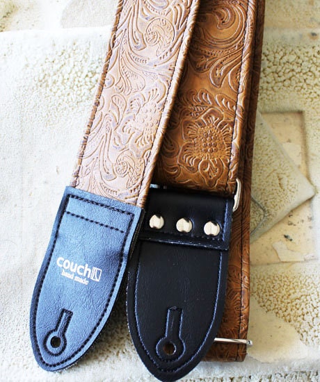 Light Brown Western Guitar Strap, vegan, hand made, vinyl
