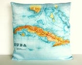 16 inch cushion cover, CUBA map pillow, organic cotton, decorative cushion, throw pillow, 16x16 pillow
