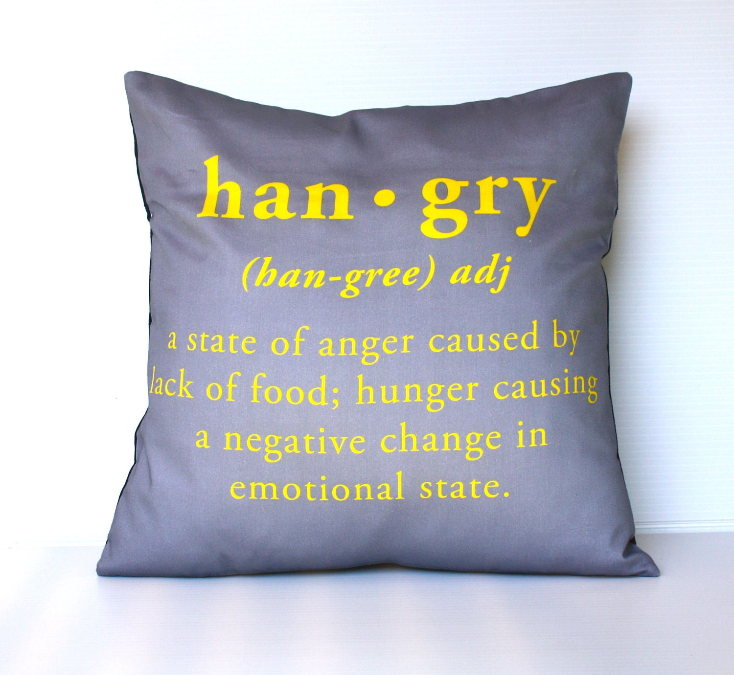 HANGRY CUSHION, hangry pillow, cushion cover,decorative pillow, 16x16 pillow HANGRY yellow and grey   16", 41cms