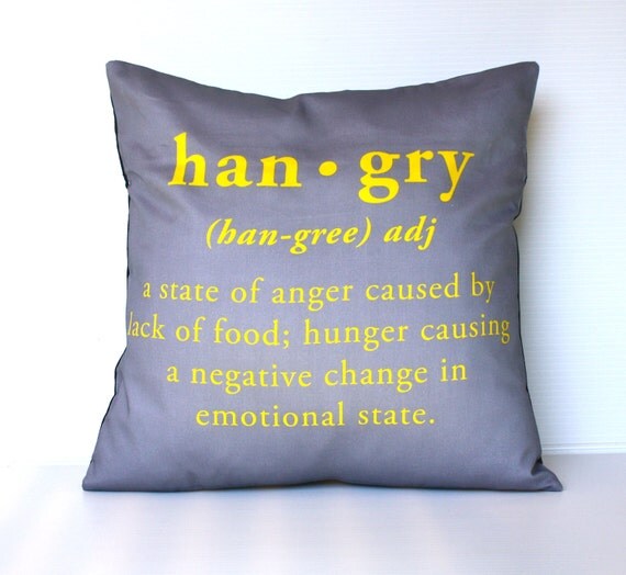 decorative pillow hunger plus anger equals HANGRY yellow and grey eco friendly organic cotton cushion cover, pillow, 16", 41cms