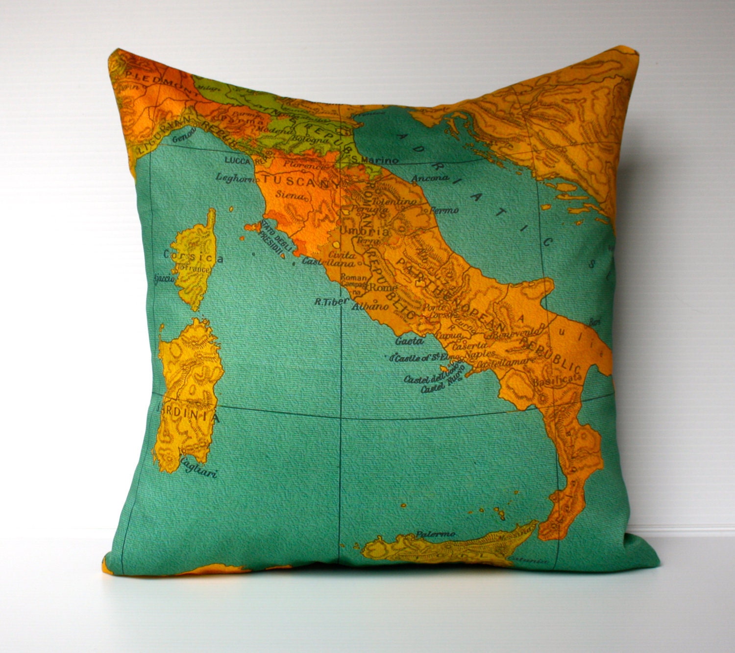 vintage map ITALY cushion, map pillow cover, organic cotton, 16 inch , 41cm