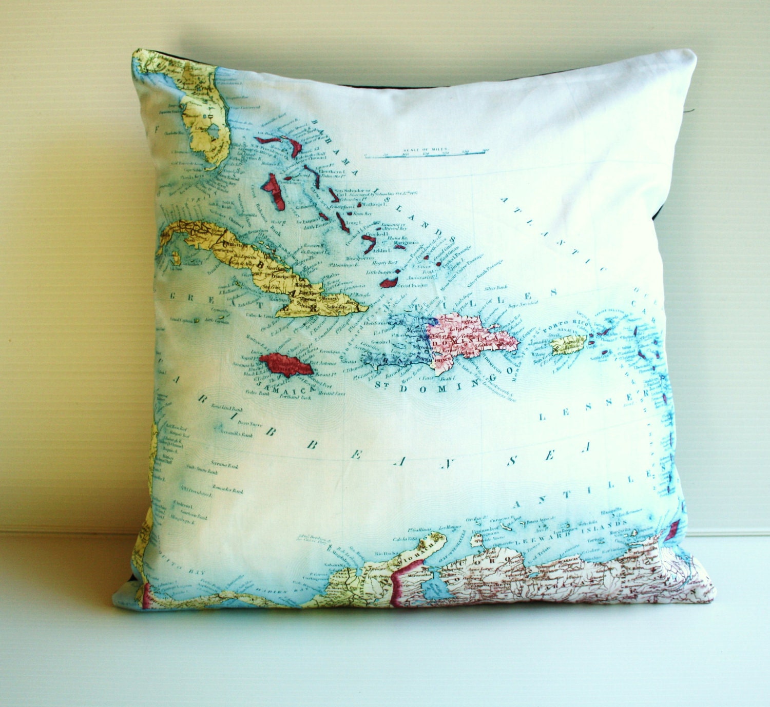 Throw pillow, map cushion, CARIBBEAN organic cotton,pillow, cushion cover, 16x16, 40cm cushion