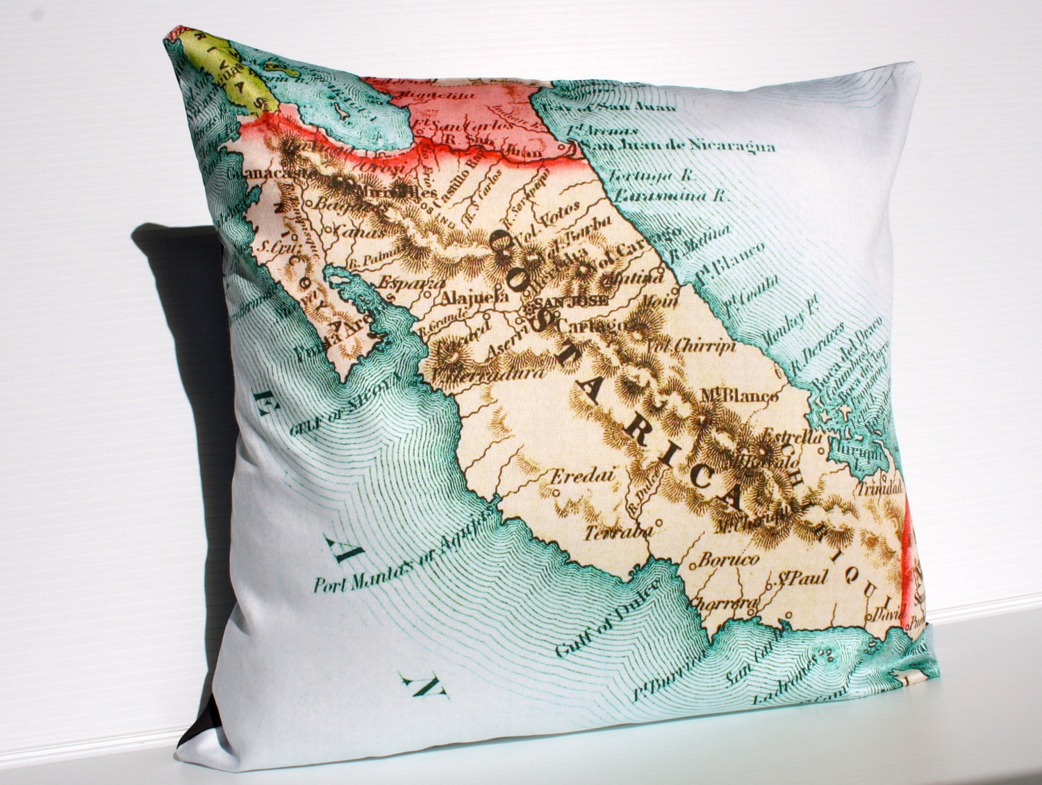 Cushion cover map pillow COSTA RICA vintage map pillow, organic cotton, Cushion cover,  map pillow, 16 inch, 41cm