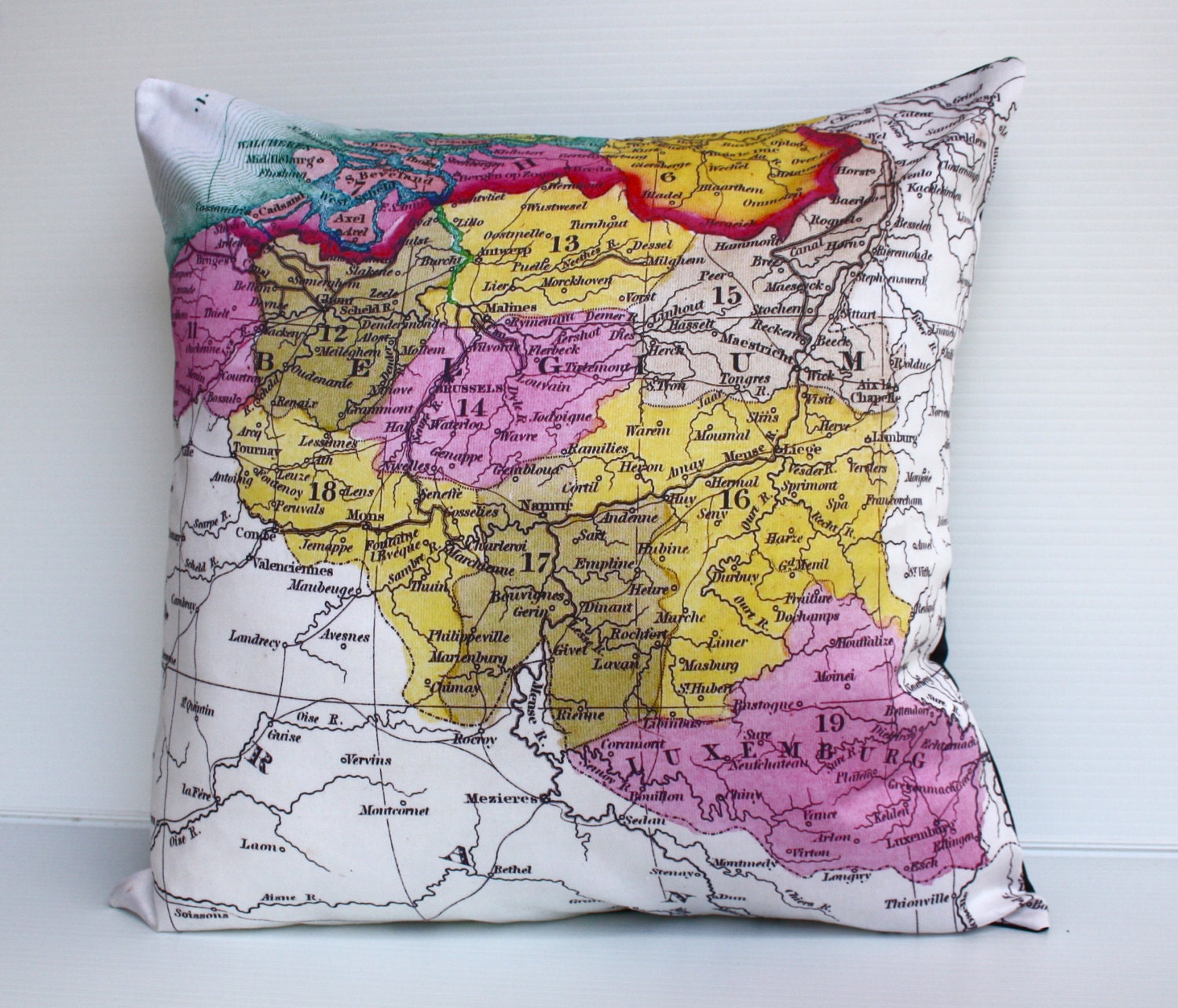 Cushion cover pillow country maps BELGIUM, map cushion, pillow, organic cotton, pillow 16x16