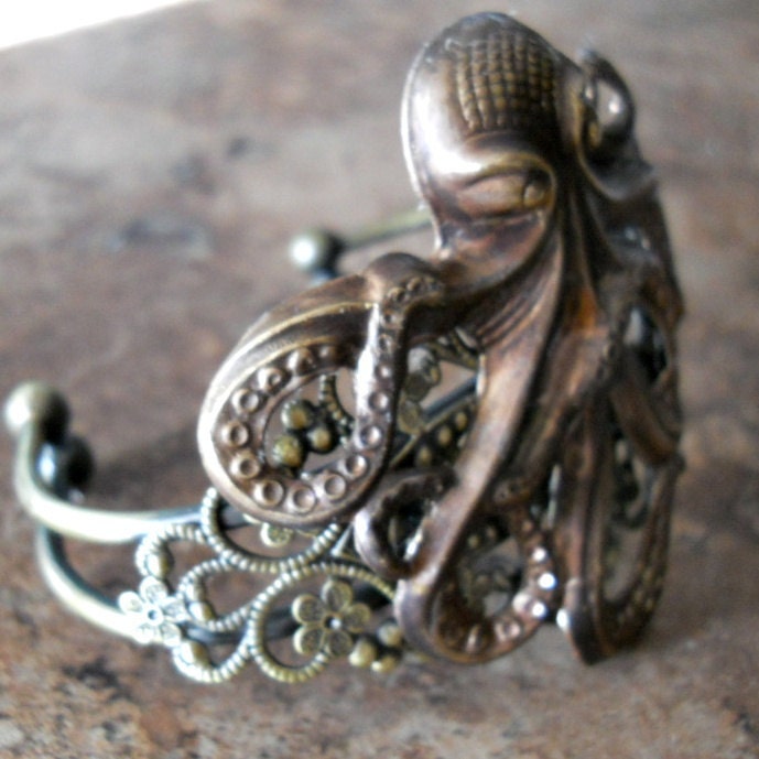 Steampunk Antiqued Brass Octopus Cuff Bracelet Exclusive Design