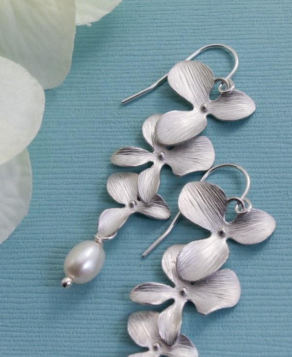 Silver Orchid Earrings. Wedding Jewelry. Freshwater Pearl, Sterling Wires - Matte gold available, Lovely for Brides